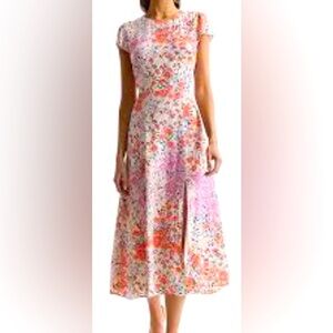 Reiss Luna Meadow Print Midi Dress 2 Pink Floral Cap Sleeve Cut Out Classic